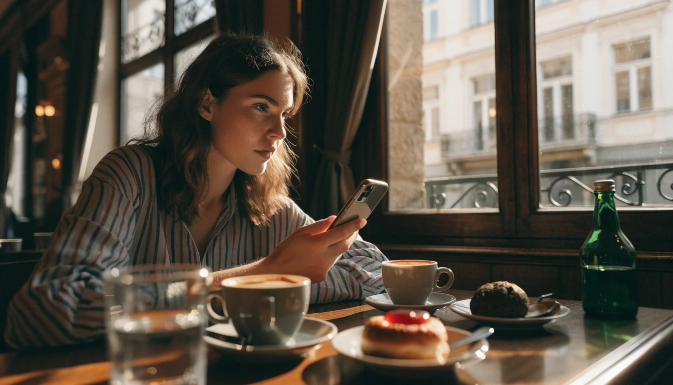 Junge Frau im Wiener Café mit Smartphone und Kaffee