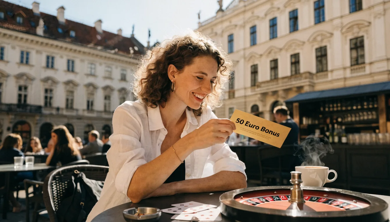 Junge Frau mit 50‑Euro‑Gutschein im Wiener Café