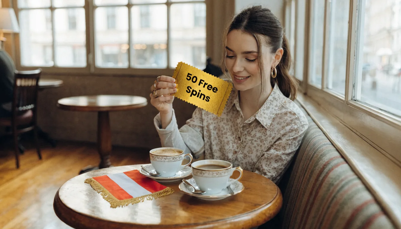 Junge Frau im Café mit goldenem Ticket und österreichischer Flagge