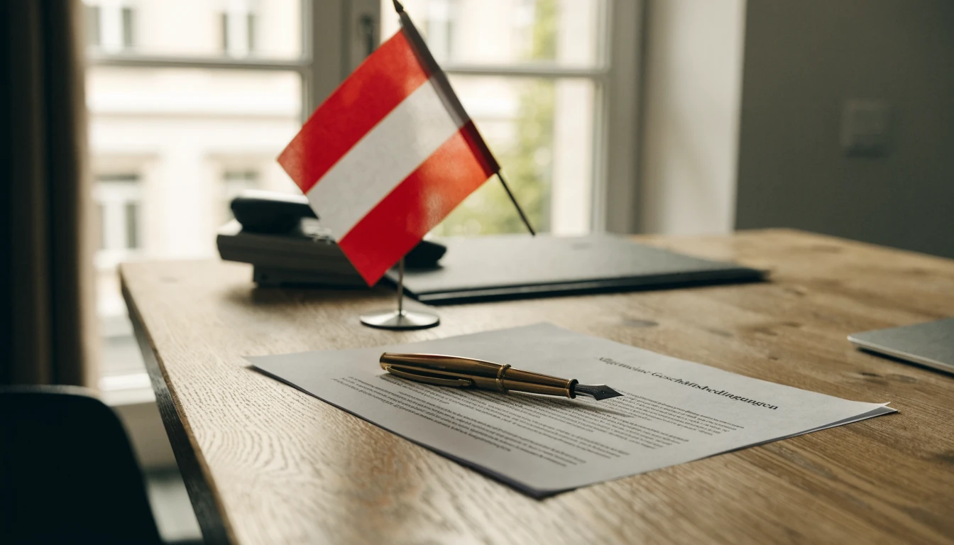 Bürotisch mit AGB-Dokument, Stift und österreichischer Flagge