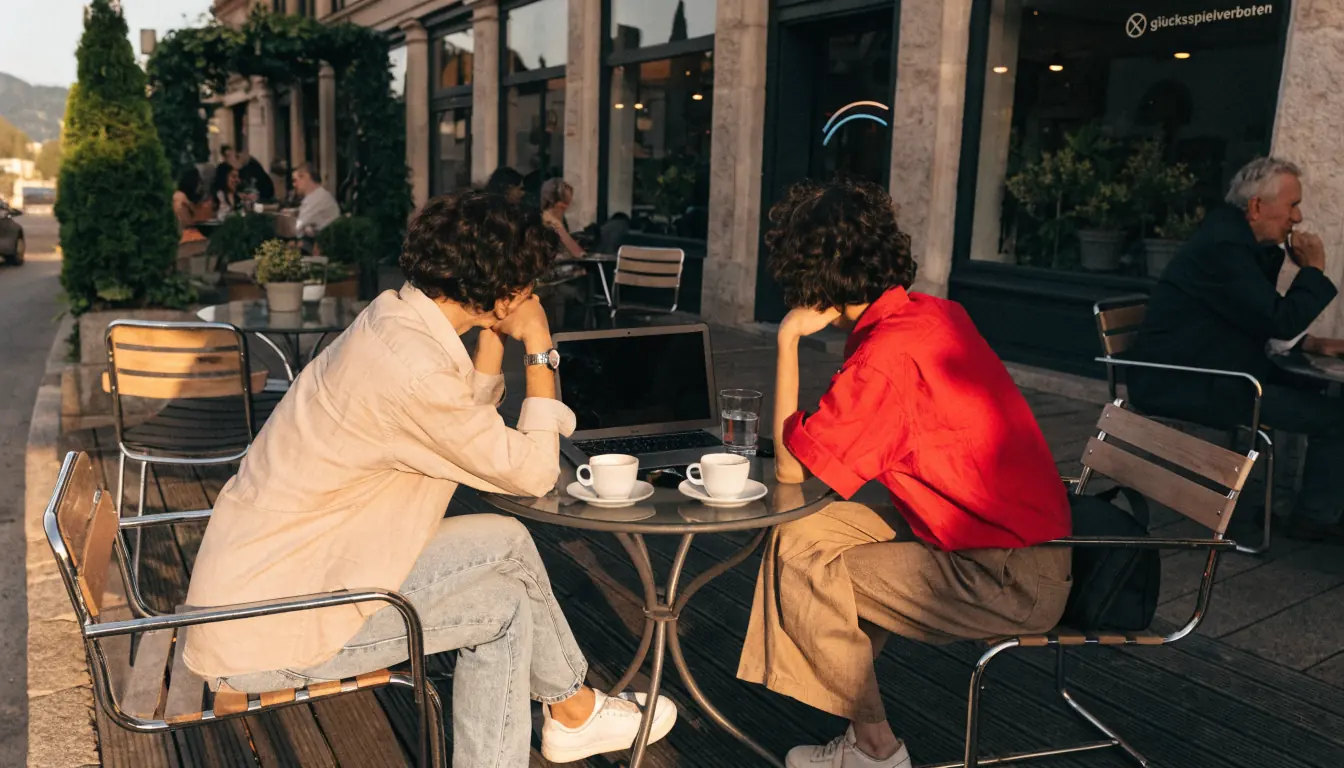 Wiener Café Terrasse bei Sonnenuntergang, Paar mit Laptop, keine LUGAS‑Hinweise