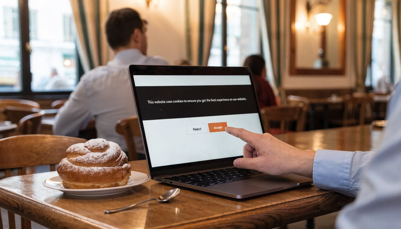 Gemütliches Wiener Café mit Laptop und Cookie‑Zustimmungsbanner