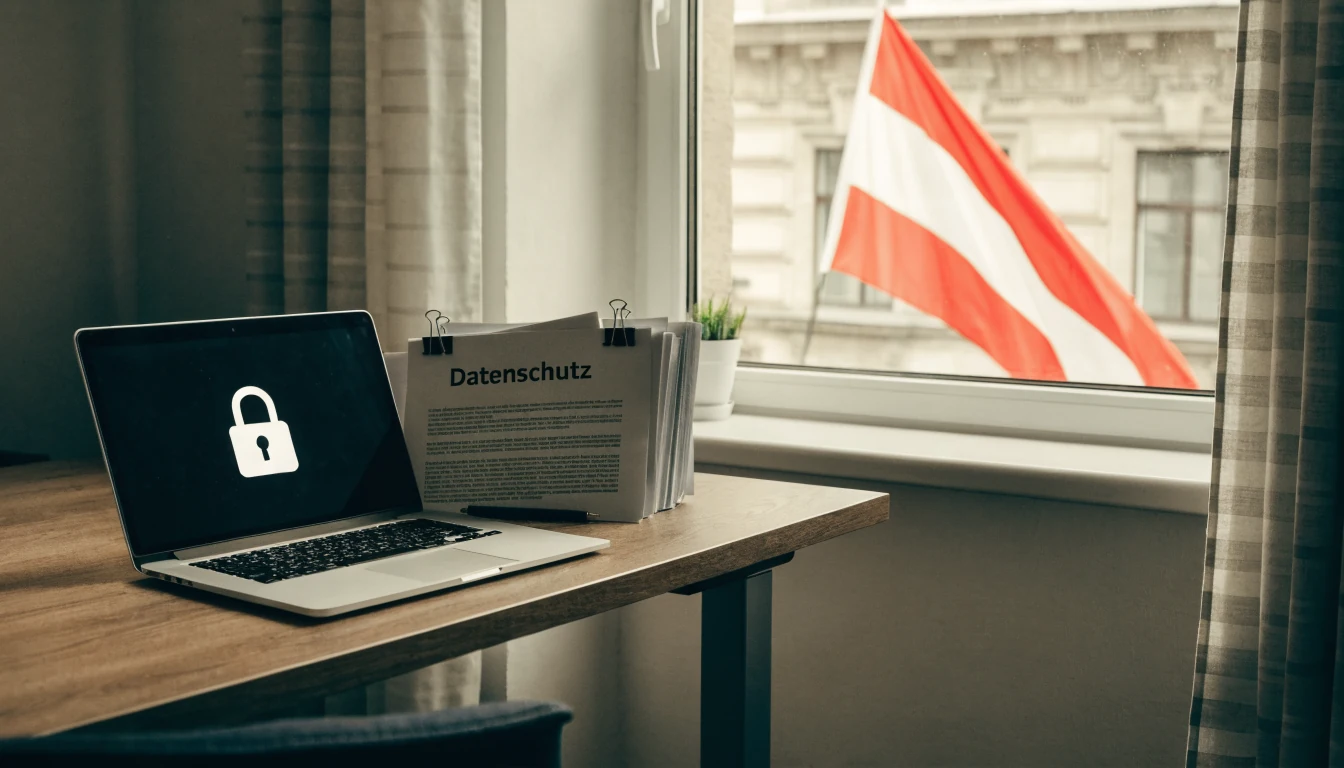Büro in Wien mit Datenschutz-Dokumenten und Flagge