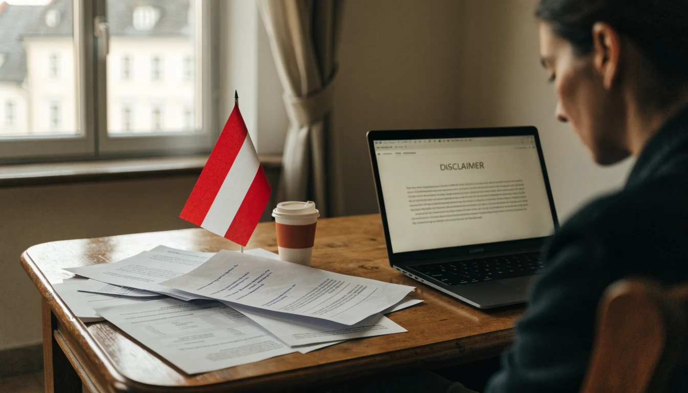 Büro mit Dokumenten, Kaffeetasse und österreichischer Flagge im Hintergrund