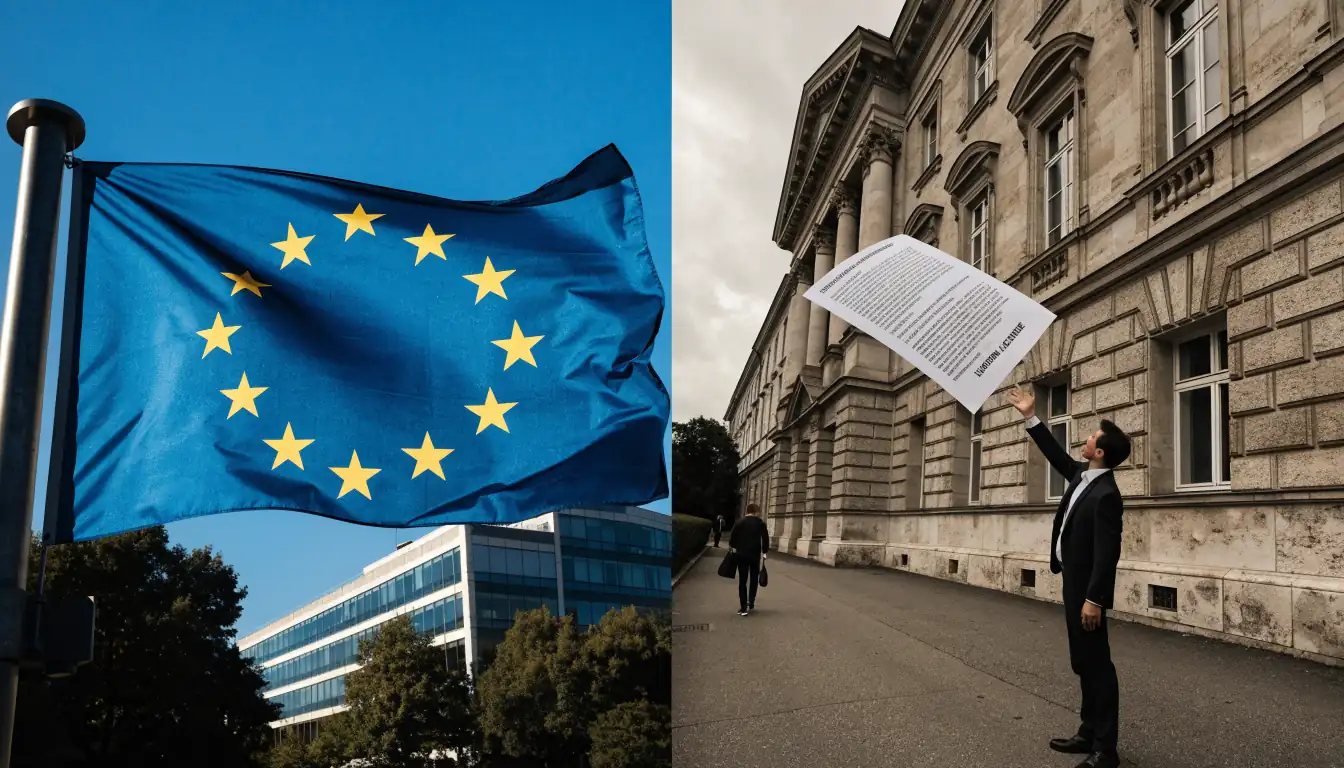 EU‑Flagge und österreichisches Gerichtsgebäude im Kontrast