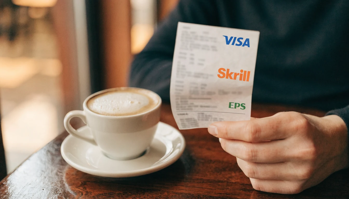 Hand hält Quittung mit Zahlungs-Icons und Kaffee
