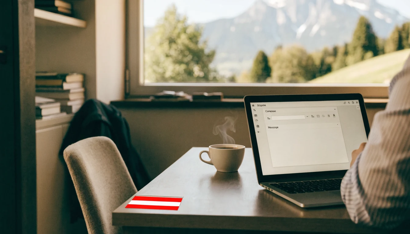 Ein österreichisches Büro, Laptop mit geöffneter E‑Mail, Kaffee und Alpenblick.