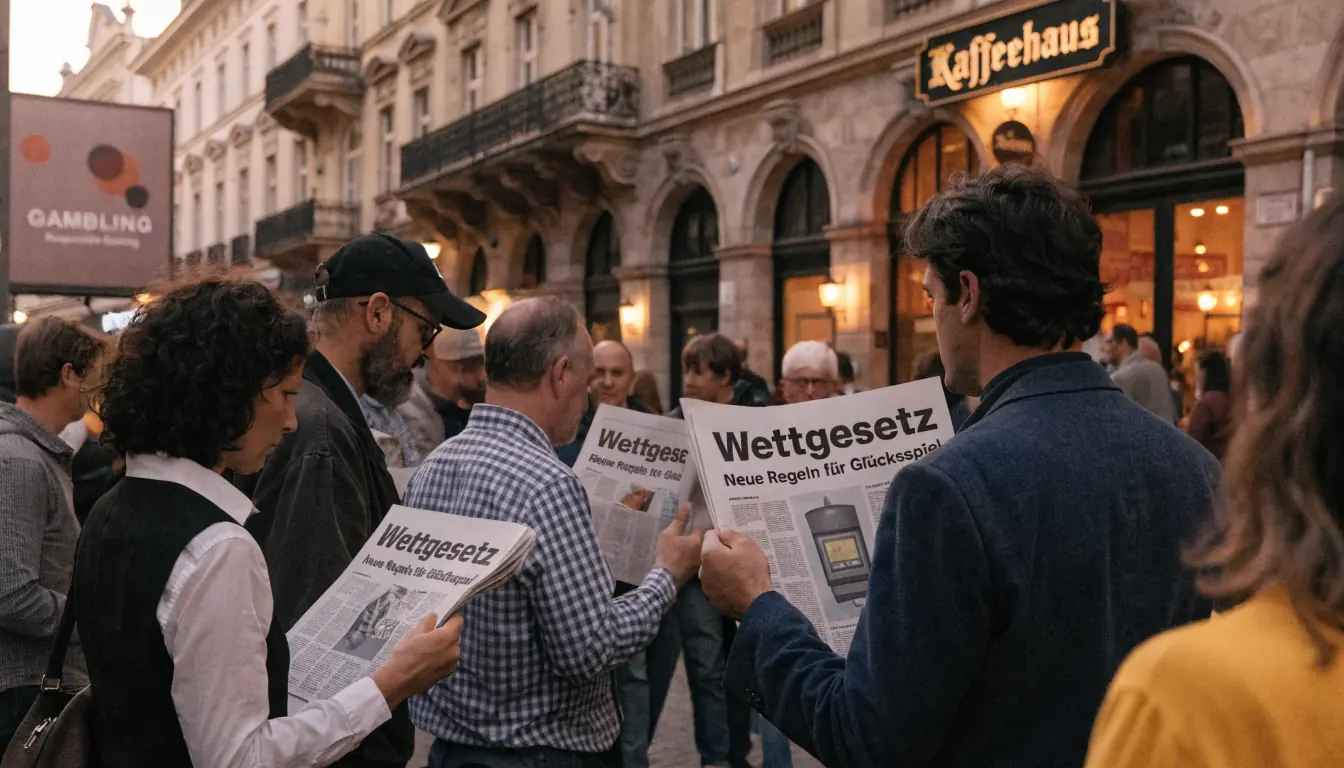Österreichische Straße bei Abendlicht mit Menschen, die über Glücksspielregulierung lesen