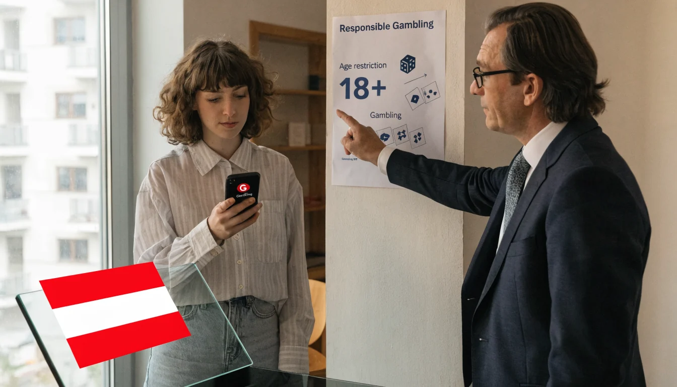 Junge Frau in Büro mit Glücksspiel‑Schutzposter